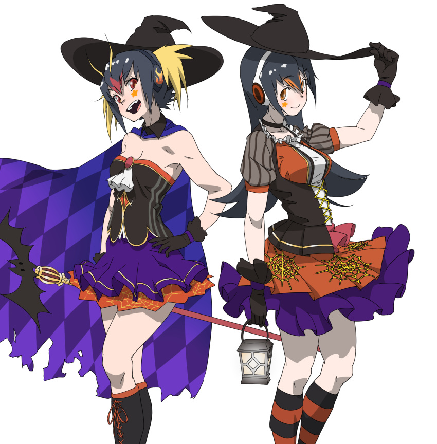 2girls :d argyle argyle_cape ascot bangs bare_arms bare_shoulders black_choker black_gloves black_hair blonde_hair breasts cape choker commentary detached_collar eyebrows_visible_through_hair facial_mark gentoo_penguin_(kemono_friends) gloves hair_between_eyes halloween_costume hand_on_hip hat headphones highres holding holding_lantern holding_staff kemono_friends kneehighs lantern long_hair looking_at_viewer medium_breasts multicolored_hair multiple_girls open_mouth orange_hair puffy_short_sleeves puffy_sleeves purple_skirt redhead rockhopper_penguin_(kemono_friends) short_hair short_sleeves simple_background skirt smile spider_web_print staff star_(symbol) striped striped_legwear tanabe_(fueisei) two-tone_hair underbust white_ascot white_background witch_hat