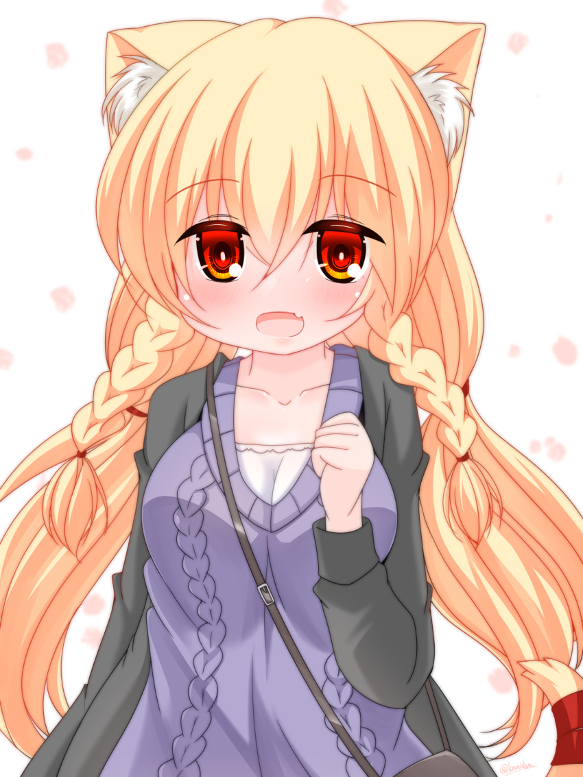 1girl :d animal_ear_fluff animal_ears aran_sweater bag bangs black_jacket blonde_hair blush braid breasts cat_ears cat_girl cat_tail collarbone commentary_request eyebrows_visible_through_hair fang hair_between_eyes highres jacket kanijiru looking_at_viewer low_twintails medium_breasts open_clothes open_jacket original purple_sweater red_eyes shoulder_bag simple_background smile solo sweater tail twin_braids twintails upper_body white_background