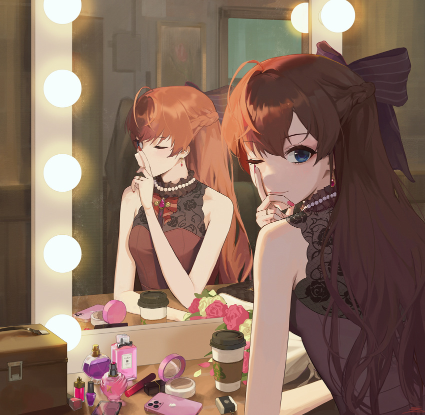 1girl ahoge bangs bare_shoulders bead_necklace beads blue_eyes bottle bow breasts brown_hair cellphone coffee_cup commentary_request cup disposable_cup dress earrings eyebrows_visible_through_hair hair_between_eyes hair_bow hand_on_own_face highres ichinose_shiki idolmaster idolmaster_cinderella_girls idolmaster_cinderella_girls_starlight_stage indoors jewelry long_hair looking_at_viewer looking_back makeup mirror necklace one_eye_closed perfume_bottle phone pink_nails red_bow reflection ring sleeveless sleeveless_dress small_breasts smile solo spung