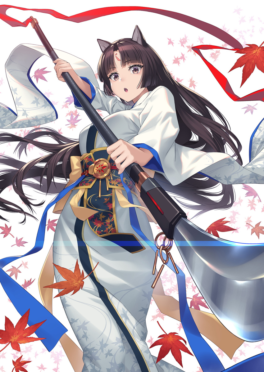 1girl :o animal_ears arknights athrun1120 autumn_leaves bangs black_hair breasts brown_eyes commentary_request dog_ears eyebrows_visible_through_hair feet_out_of_frame highres holding holding_polearm holding_weapon leaf leaf_print long_hair long_sleeves looking_at_viewer medium_breasts naginata obi open_mouth polearm saga_(arknights) sash solo standing very_long_hair weapon white_background wide_sleeves