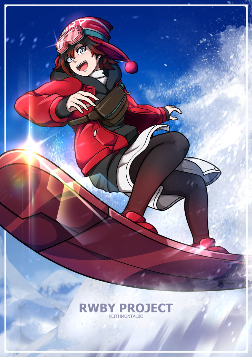 1girl absurdres artist_name black_hair blue_sky english_text goggles goggles_on_headwear highres jacket keith_montalbo mountain multicolored_hair official_alternate_costume redhead ruby_rose rwby rwby_ice_queendom sky snow snowboard snowboarding solo thigh-highs