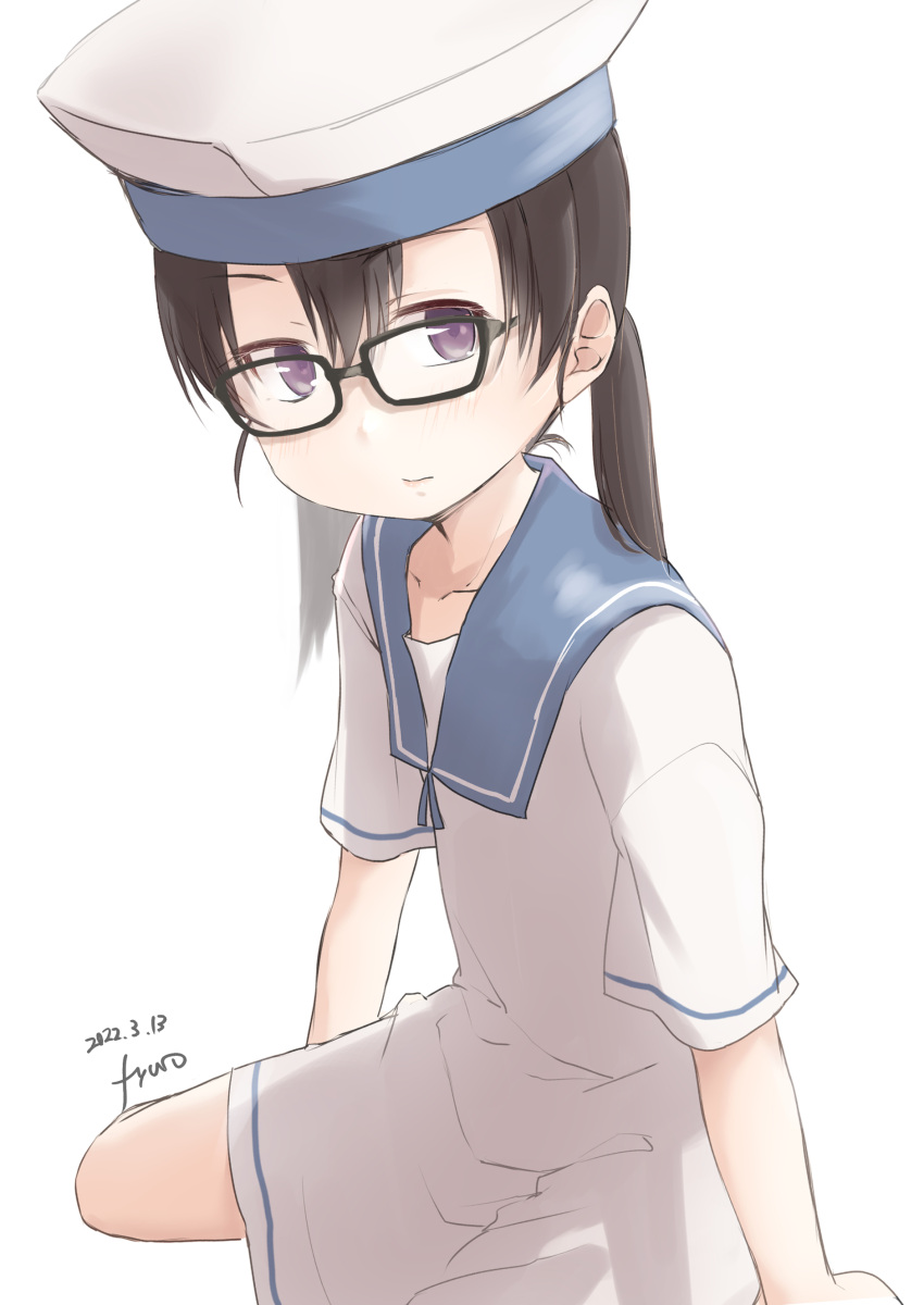 1girl absurdres bespectacled black_hair blue_collar collar dated dress fyuo glasses hat highres kantai_collection one-hour_drawing_challenge sailor_dress sailor_hat short_hair short_sleeves shounan_(kancolle) signature simple_background solo twintails violet_eyes white_background white_dress white_headwear white_legwear