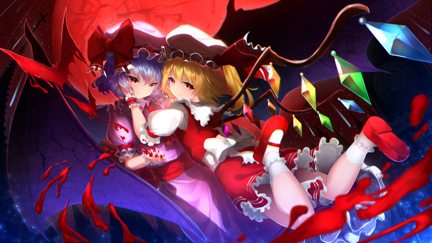 2girls absurdres ascot back_bow bangs barefoot bat bat_wings blood blue_hair blush bow brooch buttons center_frills commentary_request crystal cup dress dress_bow drinking_straw eyebrows_visible_through_hair eyelashes flandre_scarlet frilled_shirt_collar frilled_skirt frills hand_on_another's_face hat hat_ribbon highres jewelry looking_at_viewer mob_cap moon multiple_girls myria_(7855) one_side_up open_mouth pink_dress pink_headwear puffy_short_sleeves puffy_sleeves red_ascot red_eyes red_moon red_sash red_skirt red_vest remilia_scarlet ribbon sash shiny shiny_hair shirt short_hair short_sleeves siblings side_ponytail sisters skirt slit_pupils smile touhou upper_body vest white_shirt wings wrist_cuffs