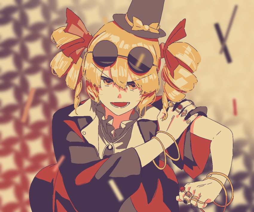 1girl :d black_headwear blonde_hair bow bracelet commentary drill_hair eyebrows_visible_through_hair eyewear_on_head gem hair_between_eyes hair_ribbon hand_on_own_arm hat hat_bow irohasu_(sasagarasu) jacket jewelry looking_at_viewer lower_teeth medium_hair necklace open_mouth orange_eyes red_jacket red_ribbon ribbon ring sleeves_pushed_up smile solo sunglasses teeth top_hat touhou twin_drills upper_body v-shaped_eyebrows yellow_bow yorigami_jo'on