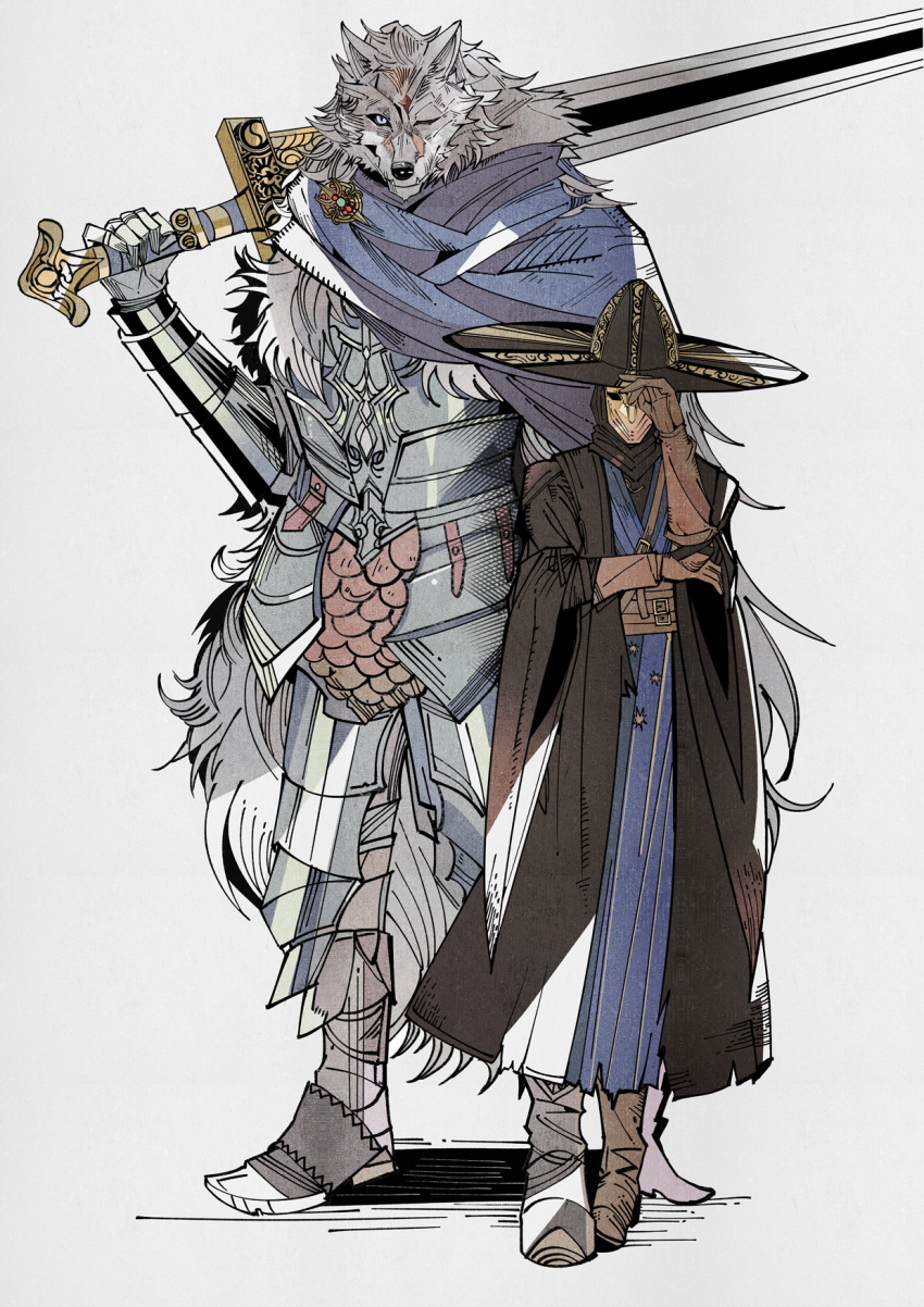 2boys armor belt blaidd_the_half-wolf blue_cape blue_eyes boots breastplate brown_robe cape denny626 elden_ring faulds furry furry_male hand_on_headwear hat height_difference highres holding holding_sword holding_weapon looking_at_viewer male_focus mask multiple_boys one_eye_closed preceptor_seluvis simple_background standing sword weapon white_background