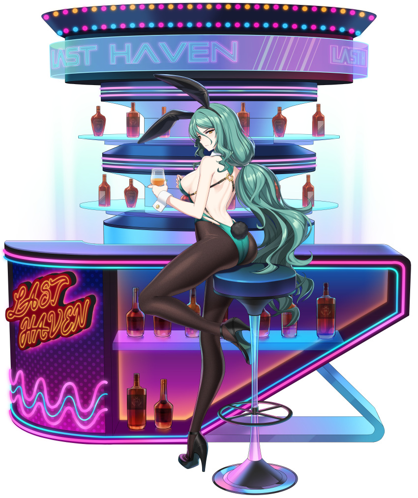 1girl absurdres alcohol alpha_transparency alternate_costume animal_ears ass backless_outfit bare_shoulders bottle breasts chair counter:side cup fake_animal_ears green_hair high_heels highres holding holding_cup long_hair official_alternate_costume official_art pantyhose playboy_bunny rabbit_ears rabbit_tail rita_arsenico sideboob tachi-e tail tied_hair transparent_background yellow_eyes