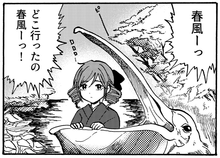 1girl bird closed_mouth commentary_request dodomori drill_hair eyebrows_visible_through_hair greyscale harukaze_(kancolle) japanese_clothes kantai_collection kimono monochrome pelican speech_bubble translation_request tree twin_drills