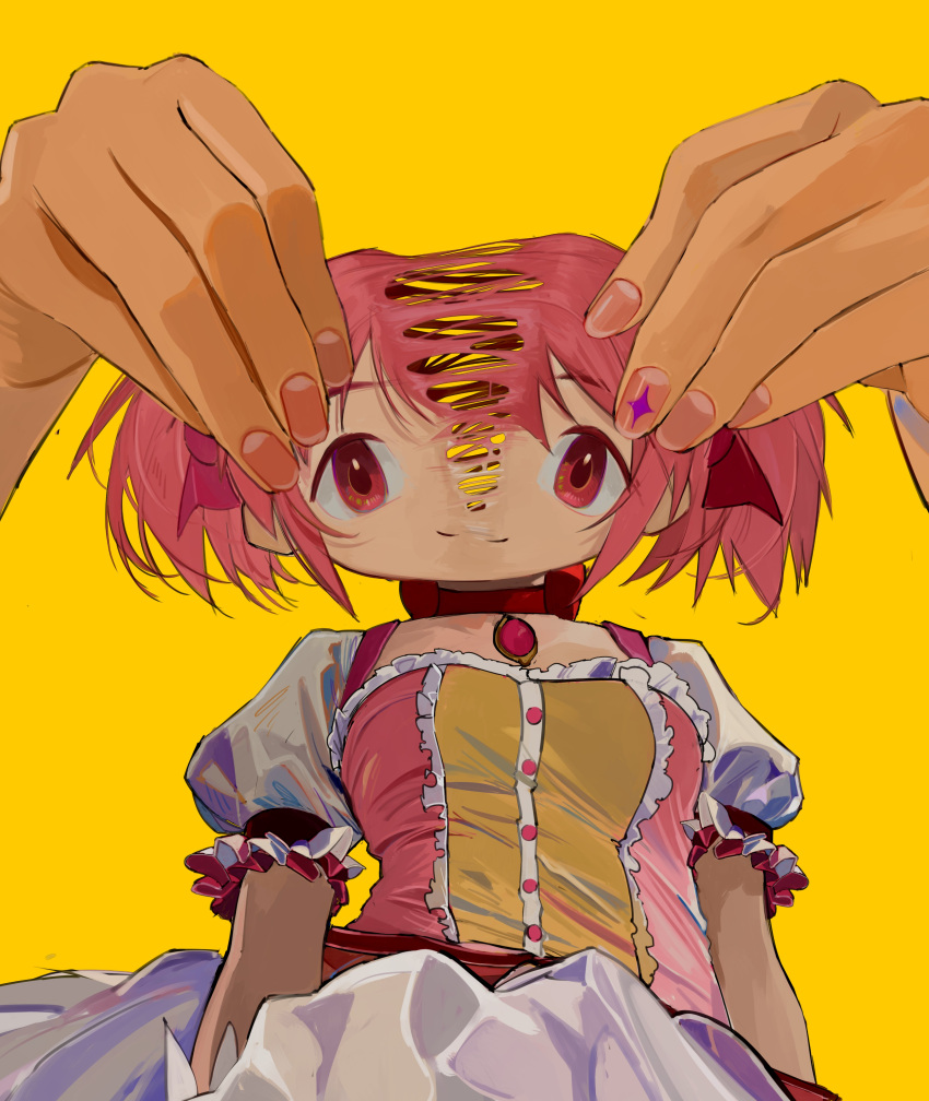 1girl absurdres bubble_skirt choker closed_mouth commentary_request fingernails hands highres kaname_madoka magical_girl mahou_shoujo_madoka_magica mihifu pink_hair puffy_short_sleeves puffy_sleeves red_choker red_eyes ribbon_choker ripping short_hair short_sleeves short_twintails simple_background skirt smile solo_focus soul_gem surreal twintails yellow_background