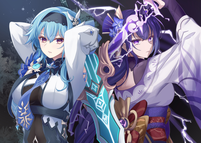 2girls arms_up black_hairband blue_necktie breasts commentary eula_(genshin_impact) genshin_impact hair_ornament hairband highres holding holding_sword holding_weapon japanese_clothes kimono large_breasts light_blue_hair long_hair looking_at_viewer mole mole_under_eye mon-chan multiple_girls necktie parted_lips purple_hair purple_kimono raiden_shogun sword upper_body violet_eyes weapon yellow_eyes