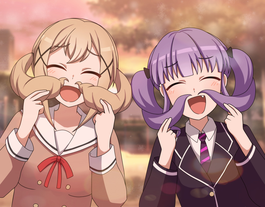 2girls ^_^ bang_dream! bangs black_jacket black_ribbon blazer blonde_hair blurry blurry_background blush breasts brown_dress buttons closed_eyes collared_shirt commentary_request double-breasted dress drill_hair eyebrows_visible_through_hair fang hair_mustache hair_ornament hair_ribbon hanasakigawa_school_uniform hands_up haneoka_school_uniform highres ichigaya_arisa jacket korean_commentary large_breasts long_hair long_sleeves multiple_girls neck_ribbon necktie open_mouth outdoors purple_hair purple_necktie red_ribbon ribbon sailor_collar sailor_dress scene_reference school_uniform shirt sidelocks smile standing sunset twin_drills twintails udagawa_ako upper_body vector_(dmlddmld00) white_sailor_collar white_shirt x_hair_ornament