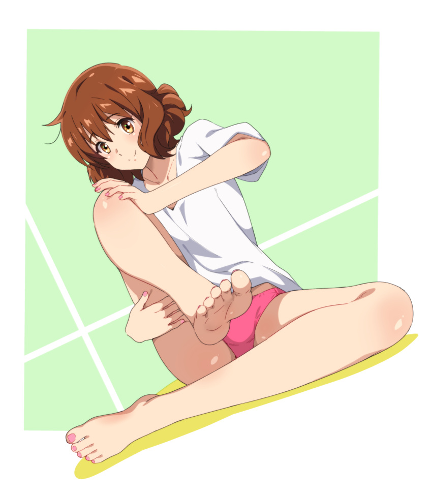 1girl bare_legs barefoot brown_eyes brown_hair curly_hair feet feet_up hibike!_euphonium highres looking_at_viewer nail_polish oumae_kumiko panties pink_panties sbel02 shirt short_hair smile toenail_polish toenails toes underwear white_shirt