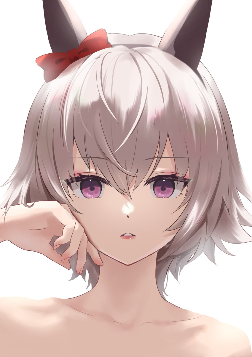 1girl animal_ears bangs bare_shoulders bow collarbone curren_chan_(umamusume) ear_bow grey_hair hairband hand_on_own_cheek hand_on_own_face hand_up highres horse_ears hoshinopurin lips looking_at_viewer parted_lips portrait red_bow short_hair solo umamusume violet_eyes