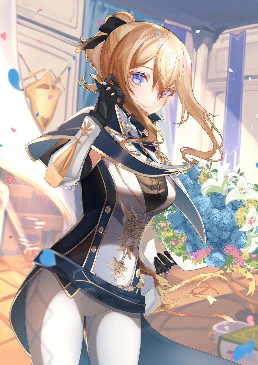 1girl black_bow black_shirt blonde_hair blue_capelet blue_eyes bouquet bow breasts capelet closed_mouth commentary dress_shirt falling_petals flower genshin_impact gloves hair_bow hand_up high_collar high_ponytail highres holding holding_bouquet indoors jean_(genshin_impact) jean_(gunnhildr's_legacy)_(genshin_impact) medium_breasts multicolored_capelet natsuki_yoru official_alternate_costume pants petals ponytail shirt sidelocks sleeveless sleeveless_shirt smile solo tight white_pants