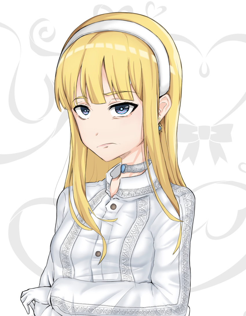 1girl absurdres blonde_hair blue_eyes earrings headband highres hime_cut ignis_(artist) jewelry nagi_(ignis) non-web_source patterned_clothing pouty_lips shirt simple_background white_headband white_shirt