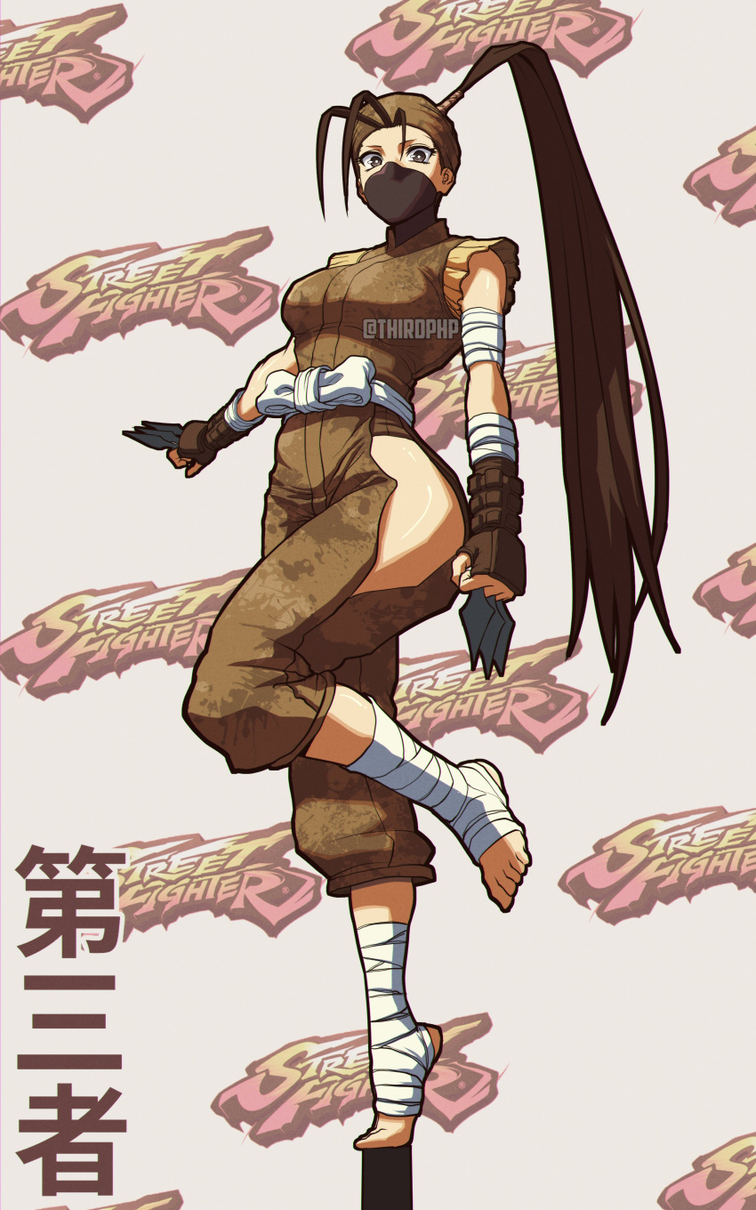 1girl absurdres antenna_hair bandages barefoot black_hair breasts brown_eyes commentary_request copyright_name fingerless_gloves full_body gloves high_ponytail highres hip_vent ibuki_(street_fighter) kunai long_hair mask medium_breasts ninja ponytail solo standing standing_on_one_leg street_fighter terd translation_request twitter_username weapon