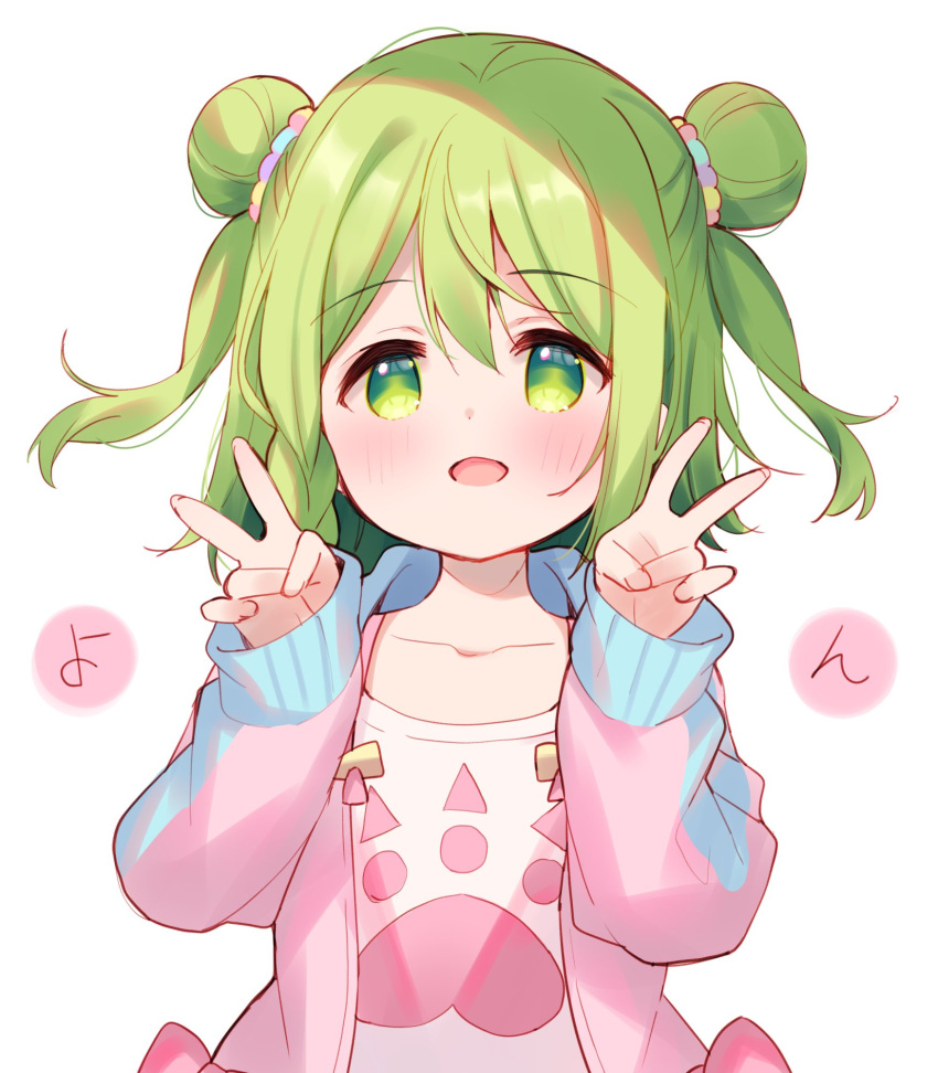 1girl :d bangs blush collarbone double_bun double_v drawstring eyebrows_visible_through_hair green_eyes green_hair hair_between_eyes highres hood hood_down hooded_jacket jacket long_sleeves looking_at_viewer meito_(maze) morinaka_kazaki nijisanji open_clothes open_jacket pink_jacket puffy_long_sleeves puffy_sleeves shirt simple_background sleeves_past_wrists smile solo translation_request two_side_up upper_body v virtual_youtuber white_background white_shirt