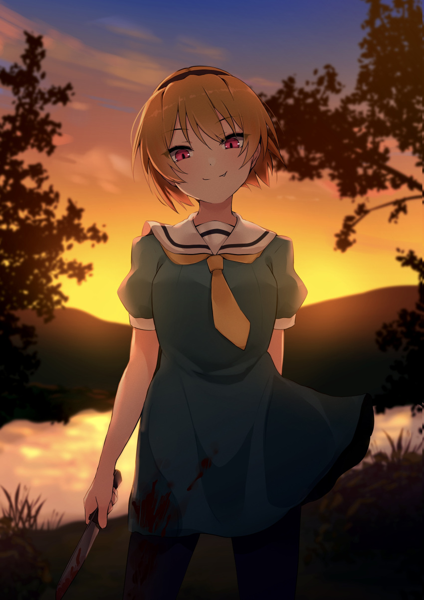 1girl absurdres aqua_dress arm_behind_back bangs black_hairband blonde_hair blood blood_on_clothes blood_on_weapon blue_legwear closed_mouth dress dusk eyebrows_visible_through_hair fang fang_out gradient_sky hairband head_tilt highres higurashi_no_naku_koro_ni holding holding_knife houjou_satoko knife looking_at_viewer neckerchief outdoors pantyhose poyadevil red_eyes sailor_collar sailor_dress shiny shiny_hair short_dress short_hair short_sleeves sky smile solo standing weapon white_sailor_collar yellow_neckerchief yellow_sky