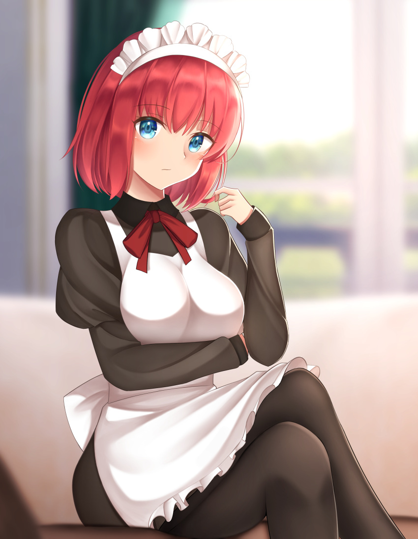 1girl absurdres apron black_dress black_legwear blue_eyes blurry blurry_background blush breasts commentary couch crossed_legs dress eyebrows_visible_through_hair hand_in_hair highres hisui_(tsukihime) indoors juliet_sleeves long_sleeves looking_at_viewer maid maid_apron maid_headdress medium_breasts neck_ribbon pantyhose puffy_sleeves red_ribbon redhead ribbon short_hair sitting solo thighs tsukihime white_apron zero0ex