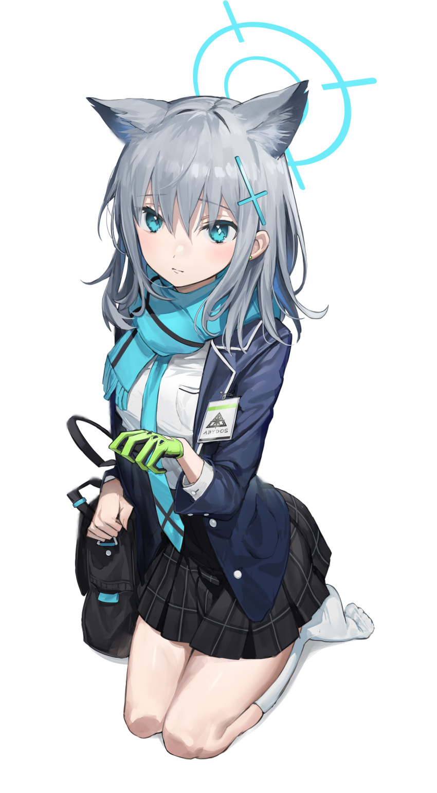 1girl absurdres animal_ear_fluff animal_ears bag black_bag black_skirt blazer blue_archive blue_eyes blue_jacket blue_necktie blue_scarf closed_mouth cross_hair_ornament full_body gloves green_gloves hair_ornament halo hand_up hibanan222 highres id_card jacket lapel light_blush long_sleeves looking_at_viewer medium_hair mismatched_pupils necktie no_shoes open_clothes open_jacket plaid plaid_skirt scarf school_bag school_uniform seiza shiroko_(blue_archive) shirt silver_hair simple_background single_glove sitting skirt solo striped striped_scarf white_background white_legwear white_shirt wolf_ears