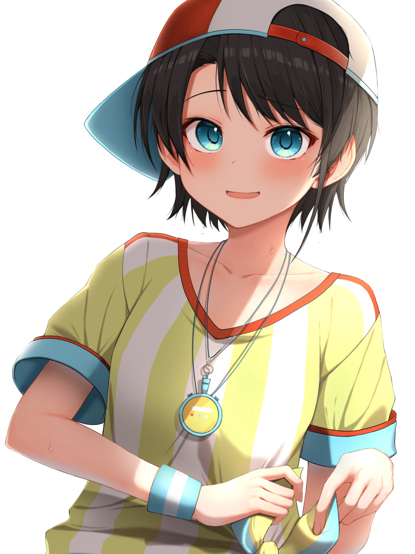 1girl absurdres aqua_eyes backwards_hat bangs baseball_cap blush brown_hair hat highres hololive jewelry looking_at_viewer loose_clothes loose_shirt necklace oozora_subaru oversized_clothes oversized_shirt pepushi_drow shirt short_hair short_sleeves solo stopwatch striped striped_shirt sweatband swept_bangs t-shirt tied_shirt vertical-striped_shirt vertical_stripes virtual_youtuber watch whistle white_shirt wristband yellow_shirt