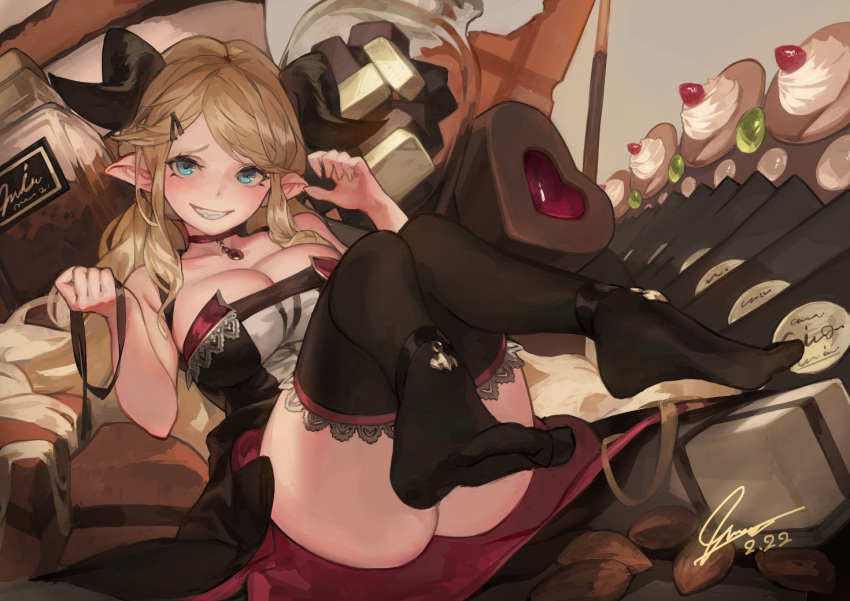 1girl almond blonde_hair blue_eyes breasts chocolate dated draph etna_(artist) food granblue_fantasy hallessena horns jar large_breasts long_hair lying on_back pocky pointy_ears signature thigh-highs whipped_cream