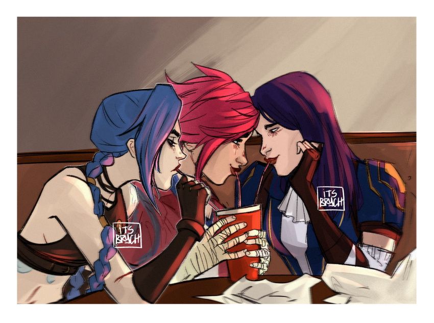 3girls arcane:_league_of_legends arcane_caitlyn arcane_jinx arcane_vi artist_name bandages blue_hair blush caitlyn_(league_of_legends) drinking_straw drinking_straw_in_mouth eye_contact highres itsbrych jinx_(league_of_legends) league_of_legends looking_at_another multiple_girls redhead shared_drink short_hair sitting twintails vi_(league_of_legends) yuri