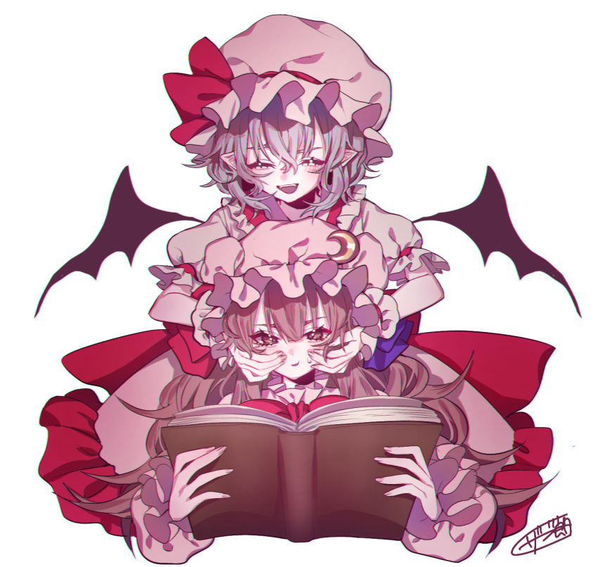 2girls :d bat_wings blue_hair blue_ribbon blush book bow bowtie cheek_squash closed_eyes collared_shirt commentary crescent crescent_hat_ornament dress eyebrows_behind_hair fangs fingernails frilled_shirt_collar frilled_skirt frills hair_between_eyes hands_on_another's_face hat hat_ornament hat_ribbon highres holding holding_book long_hair mob_cap multiple_girls open_book patchouli_knowledge pink_dress pink_headwear pink_skirt pointy_ears puffy_short_sleeves puffy_sleeves purple_hair raised_eyebrow reading red_bow red_bowtie red_ribbon remilia_scarlet ribbon shirt short_hair short_sleeves signature simple_background skirt smile sweatdrop teeth touhou upper_teeth violet_eyes white_background white_shirt wings wrist_cuffs zabu_rou