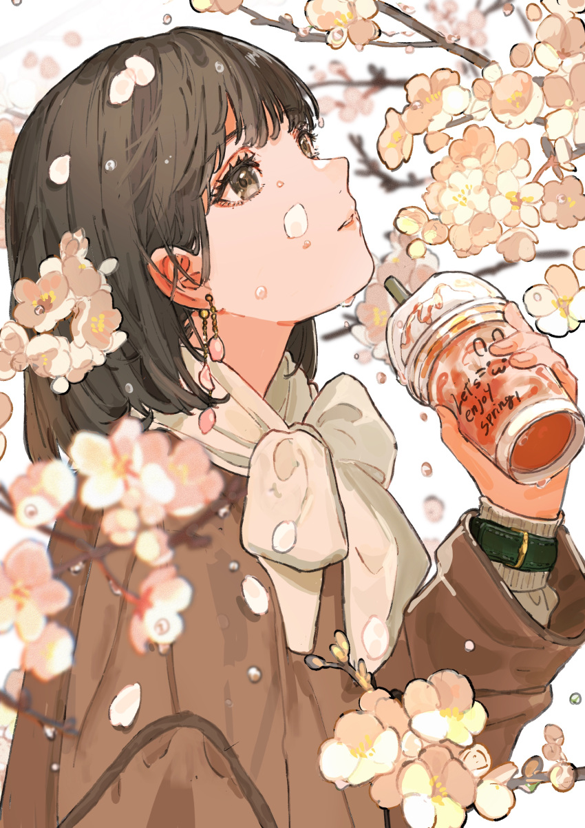 1girl absurdres brown_coat brown_eyes brown_hair cherry_blossoms coat commentary_request cup disposable_cup drink drinking_straw earrings english_text falling_petals from_side hand_up highres holding holding_drink jewelry long_sleeves looking_up medium_hair original parted_lips petals qooo003 scarf simple_background solo spring_(season) upper_body watch watch white_background white_scarf