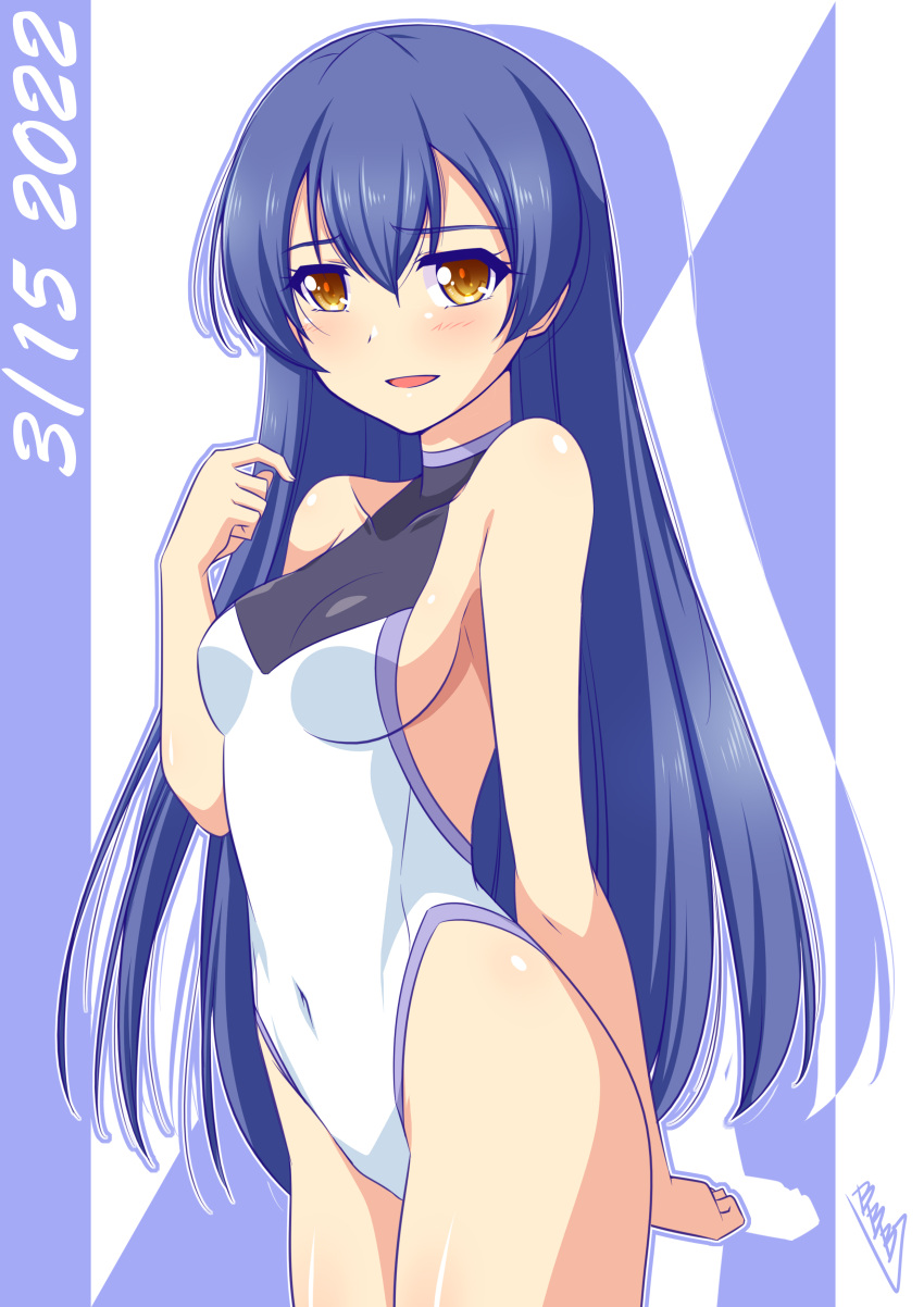 1girl absurdres bangs birthday blue_hair blush breasts bunji collarbone dated eyebrows_visible_through_hair highres long_hair looking_at_viewer love_live! love_live!_school_idol_project one-piece_swimsuit shiny shiny_skin signature small_breasts solo sonoda_umi swimsuit symbol-only_commentary very_long_hair yellow_eyes