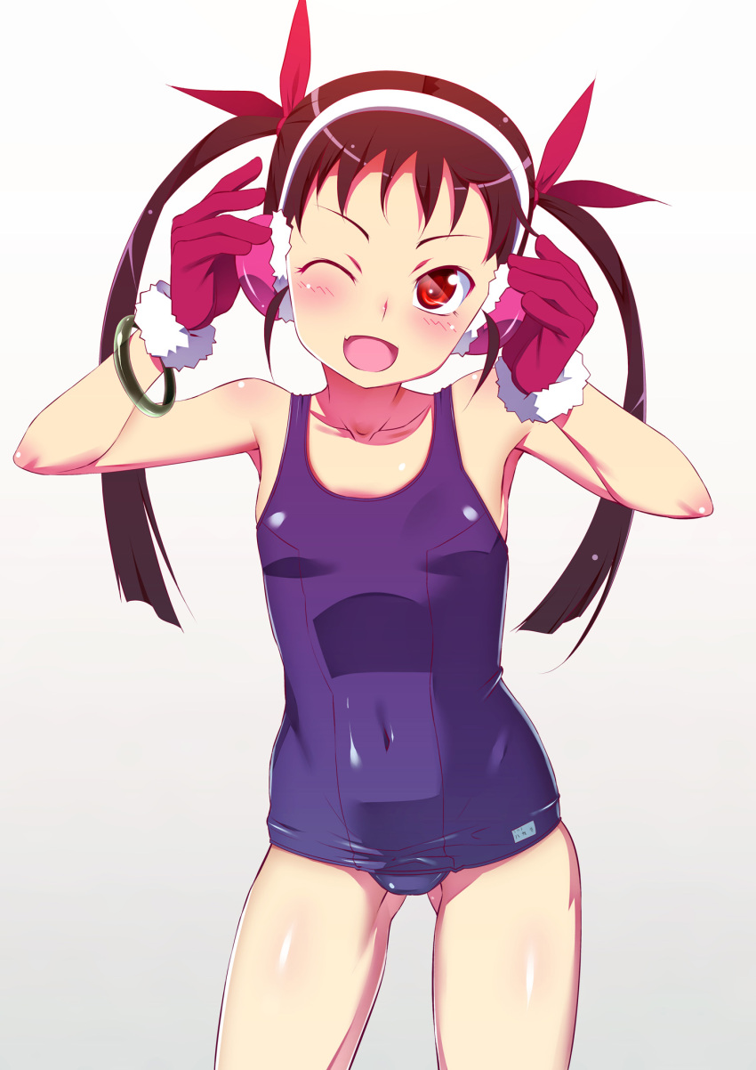 1girl bangle bare_shoulders black_hair blue_swimsuit blush bracelet cowboy_shot earmuffs flat_chest fur_trim gloves gradient gradient_background hachikuji_mayoi hair_ribbon hands_on_earmuffs highres jewelry long_hair looking_at_viewer monogatari_(series) old_school_swimsuit one-piece_swimsuit one_eye_closed open_mouth red_eyes red_gloves ribbon school_swimsuit shiny shiny_skin smile solo swimsuit tanabe_kyou twintails