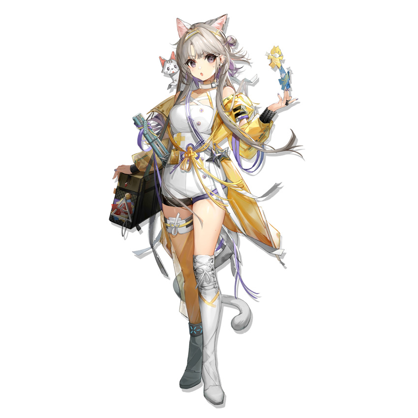 1girl animal_ears animal_on_shoulder arknights asymmetrical_footwear bag bangs bare_shoulders boots cat cat_ears cat_on_shoulder cat_tail choker full_body grey_eyes hand_up high-waist_shorts highres infection_monitor_(arknights) jacket kazemaru_(arknights) long_hair long_sleeves looking_at_viewer off_shoulder official_art open_clothes open_jacket parted_lips short_shorts shorts silver_hair solo standing tail thigh_strap thighs tomato_omurice_melon transparent_background white_choker white_footwear white_shorts yellow_jacket