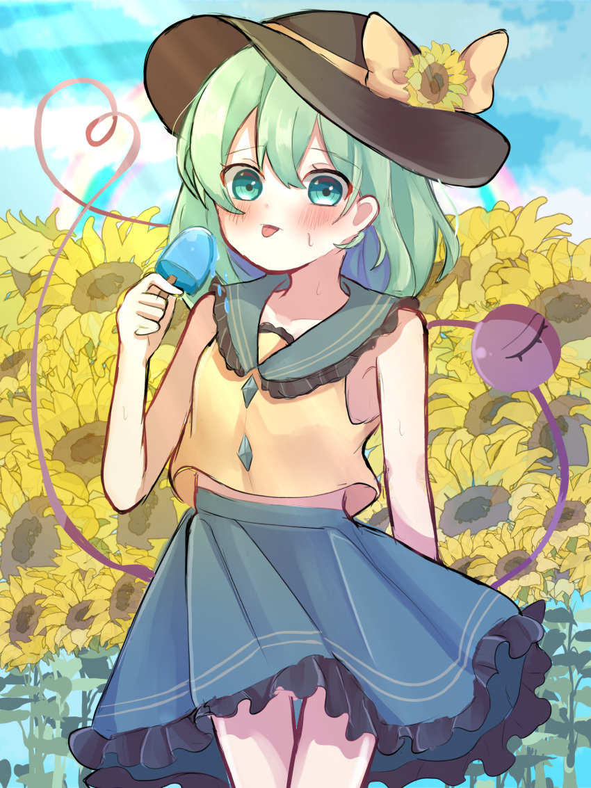 1girl adapted_costume aqua_eyes armpits bangs bare_shoulders black_headwear blouse blue_sky blush buttons clouds collared_blouse commentary cowboy_shot day diamond_button dorowa_(drawerslove) eyeball eyebrows_visible_through_hair flower food frilled_shirt_collar frilled_skirt frills green_hair green_skirt hair_between_eyes hand_up hat hat_flower hat_ribbon heart heart_of_string highres holding holding_food komeiji_koishi looking_at_viewer medium_hair medium_skirt one-hour_drawing_challenge outdoors popsicle ribbon skirt sky sleeveless_blouse solo standing sunflower sweat sweatdrop third_eye tongue tongue_out touhou wavy_hair yellow_blouse yellow_ribbon