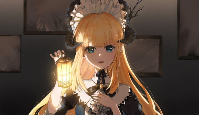 1girl :d arknights bangs black_bow black_dress black_nails blonde_hair blunt_bangs bonnet bow demon_horns dress eyebrows_visible_through_hair frills hand_on_own_chest horns lantern light long_hair looking_at_viewer melody_(shiomercury) nail_polish neck_ribbon nightingale_(an_elegy)_(arknights) nightingale_(arknights) official_alternate_costume open_mouth picture_(object) ribbon short_sleeves sidelocks smile solo straight_hair upper_body very_long_hair