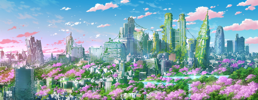 abandoned blue_sky building cherry_blossoms city clouds commentary_request highres lake nature no_humans original outdoors overgrown plant post-apocalypse ruins scenery sky skyscraper sunset tokyogenso vines water