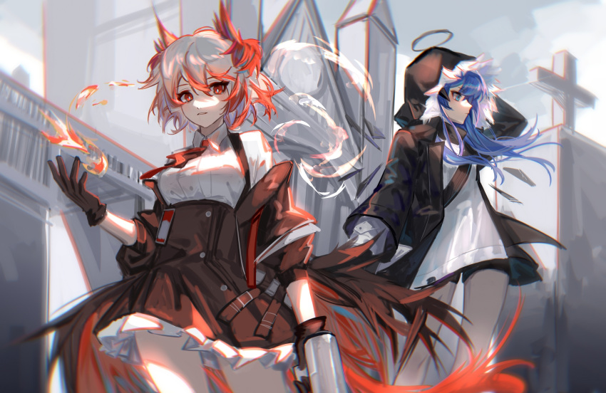 2girls absurdres arknights arm_up bird_girl bird_tail black_gloves black_jacket black_shorts black_skirt blue_eyes blue_hair breasts church collared_shirt cowboy_shot cross detached_wings feather_hair fiammetta_(arknights) fire frilled_skirt frills gloves gun halo high-waist_skirt highres holding holding_gun holding_weapon hood hooded_jacket horns jacket long_hair long_sleeves malatangniaotou medium_breasts mostima_(arknights) multicolored_hair multiple_girls necktie open_clothes open_jacket parted_lips pyrokinesis red_necktie redhead shirt short_hair short_shorts shorts silver_hair skirt smile standing tail two-tone_hair weapon white_shirt wings