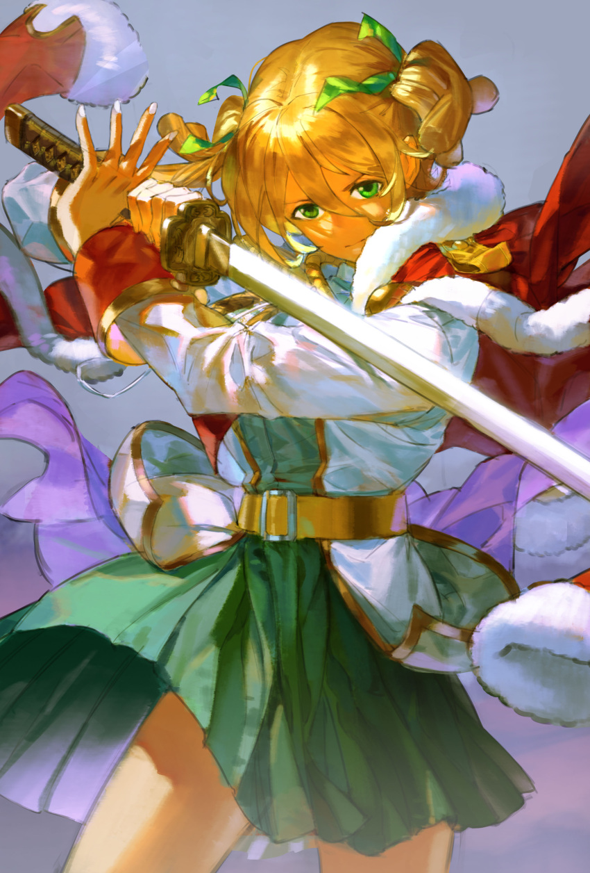 1girl absurdres bangs belt belt_buckle blonde_hair buckle closed_mouth commentary cowboy_shot daiba_nana epaulettes fighting_stance fingernails fur-trimmed_jacket fur_trim gradient gradient_background green_eyes green_ribbon green_skirt grey_background hair_between_eyes hair_ribbon hands_up head_tilt highres holding holding_sword holding_weapon jacket jacket_on_shoulders katana long_sleeves looking_at_viewer miniskirt nnotto_ottonn pleated_skirt red_jacket red_sash ribbon sash short_hair short_twintails shoujo_kageki_revue_starlight sketch skirt solo standing sword twintails v-shaped_eyebrows waist_cape weapon white_jacket white_nails yellow_belt