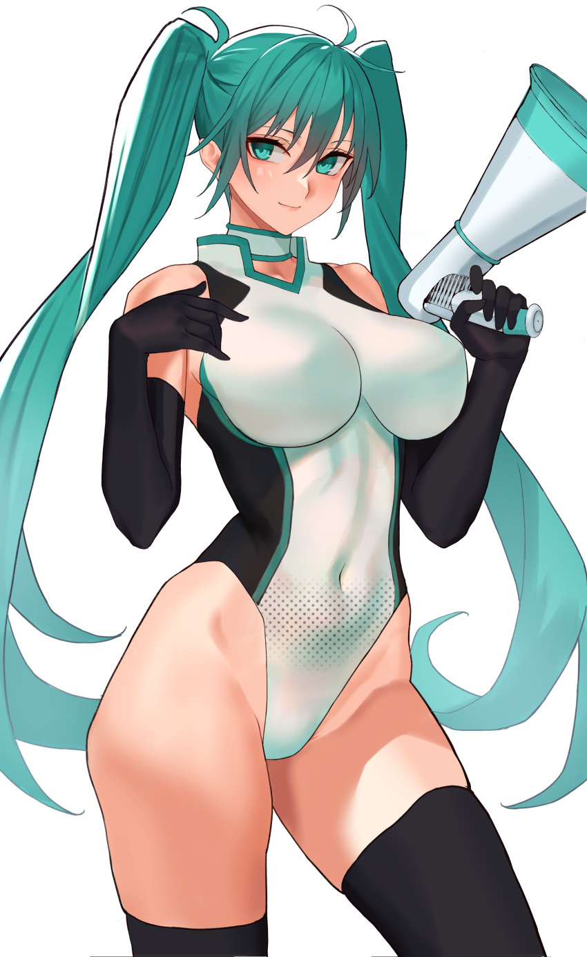 1girl absurdres ahoge alternate_breast_size alternate_costume aqua_hair black_gloves black_legwear breasts choker commentary_request contrapposto covered_navel gloves green_eyes hatsune_miku highres holding holding_megaphone large_breasts leotard megaphone multicolored_leotard racequeen sawatari_kazuma simple_backgroundo solo thigh-highs twintails vocaloid white_background white_choker white_leotard