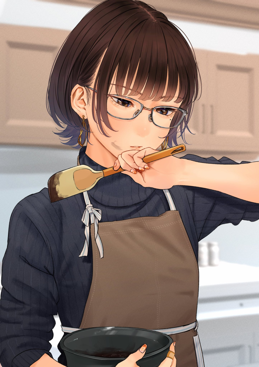 1girl apron bangs blue_sweater blurry blurry_background bowl brown_apron brown_eyes brown_hair cupboard earrings glasses hand_up highres holding holding_bowl holding_spatula indoors jewelry kitchen long_sleeves mole mole_under_eye original parted_lips saitou_(lynx-shrike) short_hair solo spatula standing sweater turtleneck turtleneck_sweater