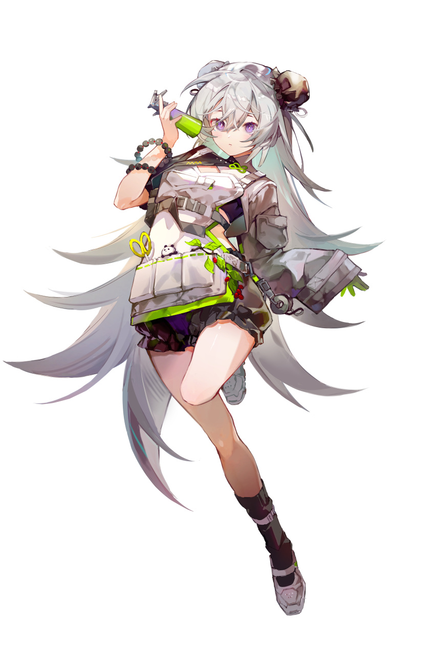 1girl absurdres arknights bead_bracelet beads black_legwear bloomers bracelet chinese_commentary commentary_request double_bun dress full_body grey_footwear hand_up highres holding jewelry long_hair long_sleeves miermere mulberry_(arknights) mulberry_(plant_crude_drug)_(arknights) shoes silver_hair simple_background socks solo underwear very_long_hair violet_eyes white_background white_dress