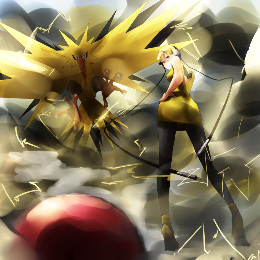 1girl absurdres blonde_hair blue_eyes commentary_request dress elesa_(pokemon) from_behind high_heels highres kanata_(beyond_the_fields.) lightning looking_at_viewer pantyhose poke_ball poke_ball_(basic) pokemon pokemon_(creature) pokemon_(game) pokemon_bw yellow_dress zapdos