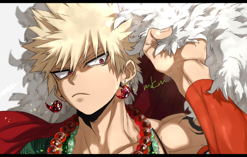 1boy bakugou_katsuki bead_necklace beads blonde_hair boku_no_hero_academia collarbone earrings from_behind holding holding_clothes jewelry male_focus mkm_(mkm_storage) necklace red_eyes signature solo sparkle spiky_hair v-shaped_eyebrows white_background