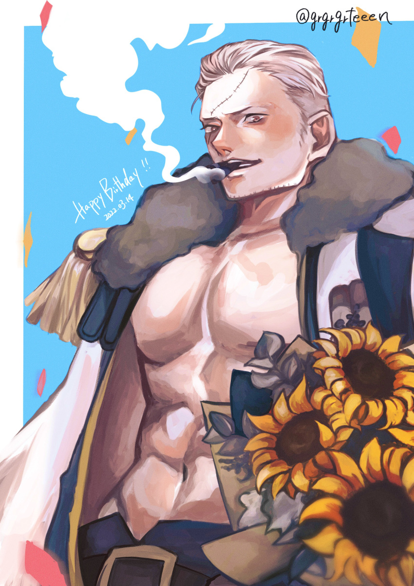 1boy absurdres flower grgrgrteeen hair_slicked_back happy_birthday highres large_pectorals male_focus muscular muscular_male one_piece open_clothes open_shirt pectoral_cleavage pectorals scar scar_on_face smoker_(one_piece) solo sunflower twitter_username white_hair