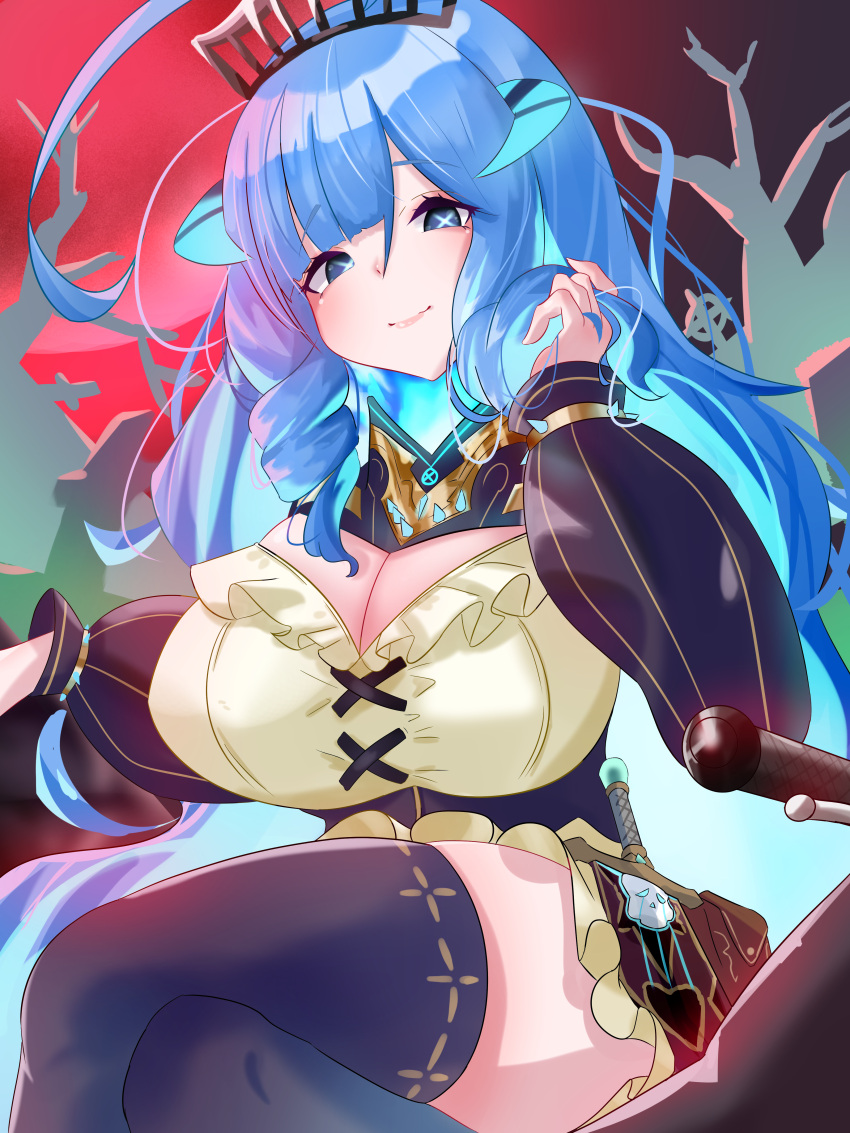 1girl absurdres ahoge blue_fire blue_hair breasts cleavage_cutout clothing_cutout crown dagger detached_collar detached_sleeves disembodied_head dress drill_locks dullahan fiery_hair fire glowing_horns highres horns huge_ahoge kappaako knife large_breasts long_hair prism_project rikudou_yura solo thigh-highs virtual_youtuber weapon x-shaped_pupils x_x
