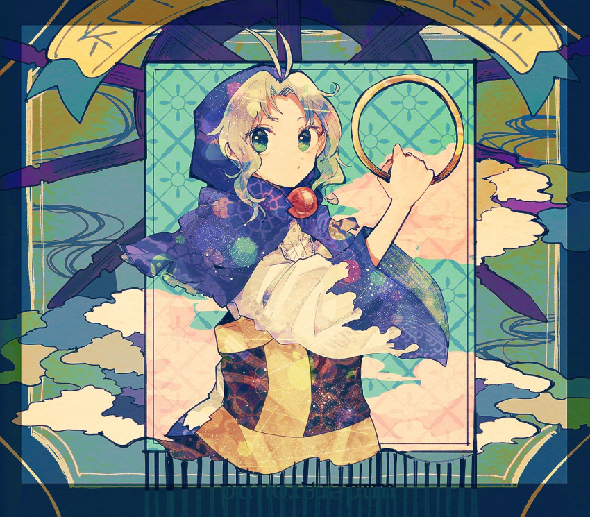 1girl :/ ahoge antenna_hair bangs blonde_hair blue_background blue_dress blue_eyes blue_hair blue_theme blush buttons capelet closed_mouth clouds commentary_request dress eyebrows_visible_through_hair eyelashes eyes_visible_through_hair frills green_background green_eyes hand_up holding holding_jewelry holding_ring hood itomugi-kun jewelry kesa kumoi_ichirin long_sleeves looking_at_viewer looking_to_the_side ring short_hair solo standing touhou umbrella white_dress wide_sleeves