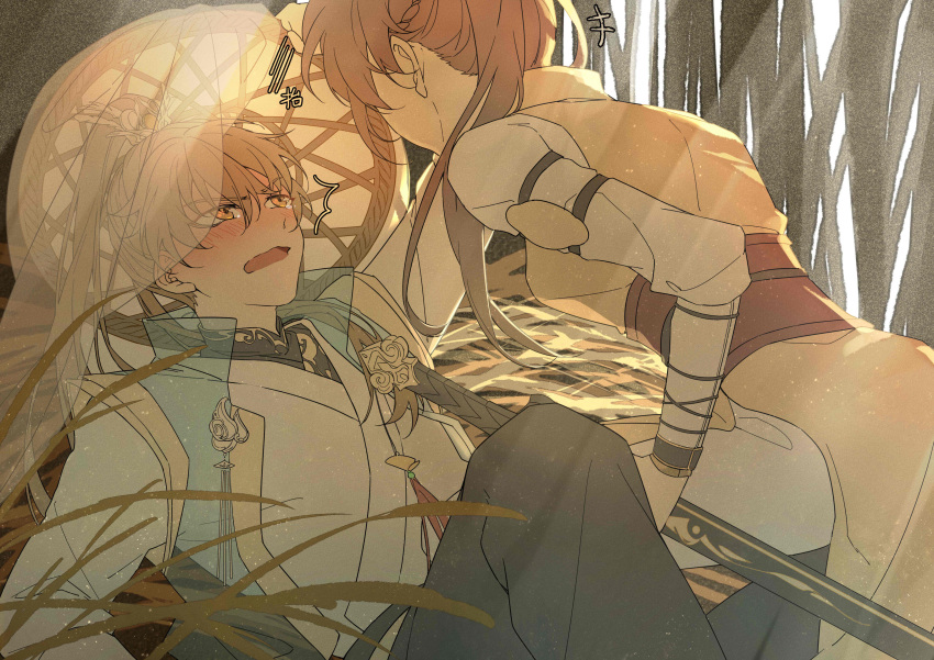 1boy 1girl absurdres bangs blush brown_eyes brown_hair hat highres holding holding_sword holding_weapon long_hair long_sleeves luke_pearce_(tears_of_themis) lying on_back open_mouth outdoors rosa_(tears_of_themis) sheath sheathed shirt short_hair straw_hat sword tears_of_themis vvvviio wavy_mouth weapon white_shirt