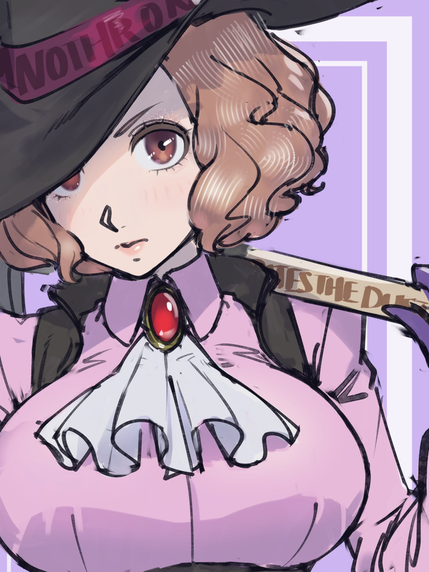 1girl ascot axe black_headwear blush breasts brooch brown_eyes brown_hair button_gap closed_mouth collared_shirt dress_shirt english_text gloves hat hat_over_one_eye highres holding holding_axe jewelry large_breasts okumura_haru persona persona_5 pink_shirt poechan_chan purple_background purple_gloves shirt short_hair simple_background smile weapon white_background