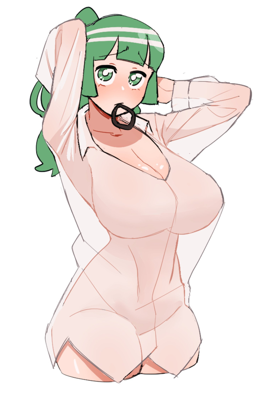 1girl arms_up bangs blunt_bangs breasts commentary_request cropped_legs drawlomong24 eyebrows_visible_through_hair green_eyes green_hair hair_tie_in_mouth highres korean_commentary large_breasts long_sleeves looking_at_viewer mouth_hold naked_shirt no_bra no_panties no_pants original ponytail see-through_shirt shirt simple_background solo tying_hair white_background white_shirt