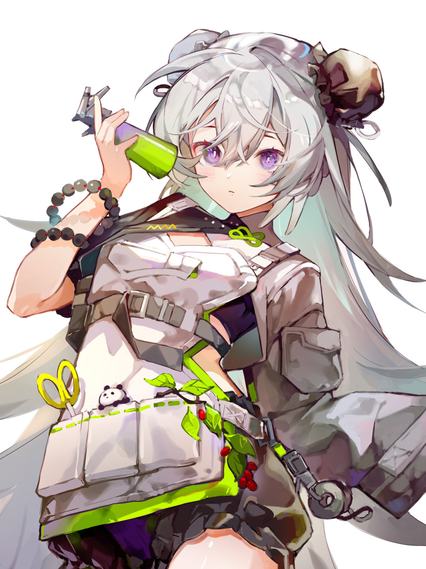 1girl absurdres arknights bead_bracelet beads bloomers bracelet chinese_commentary commentary_request cowboy_shot double_bun dress hand_up highres holding jewelry long_hair long_sleeves miermere mulberry_(arknights) mulberry_(plant_crude_drug)_(arknights) silver_hair simple_background solo underwear very_long_hair violet_eyes white_background white_dress