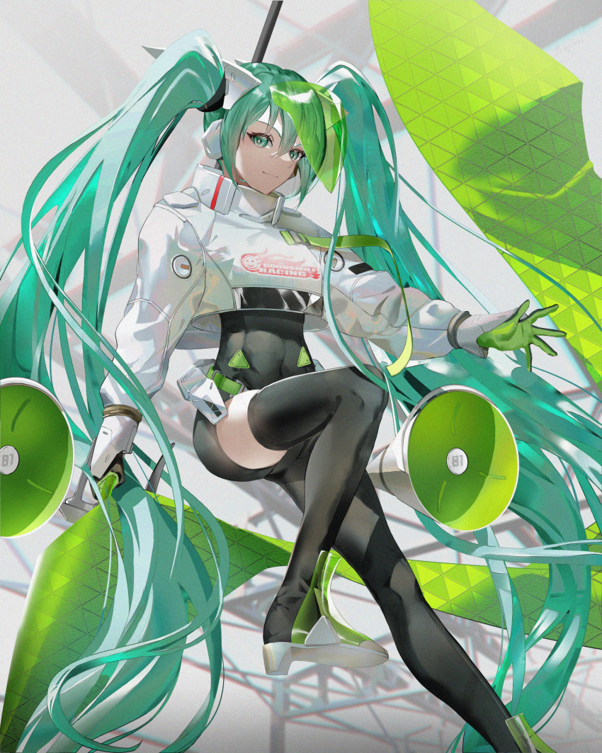 1girl absurdly_long_hair aqua_eyes aqua_hair asymmetrical_bodysuit black_bodysuit bodysuit boots breasts bright_pupils closed_mouth covered_navel crop_top crop_top_overhang cropped_jacket feet_out_of_frame flag flagpole flame_print gloves goodsmile_company goodsmile_racing green_gloves hatsune_miku high_heel_boots high_heels highres holding holding_flag holding_pole leg_up long_hair looking_at_viewer pole racequeen racing_miku racing_miku_(2022) single_thigh_boot skindentation smile smiley_face solo speaker thigh-highs thigh_boots tsujieiri twintails very_long_hair visor vocaloid