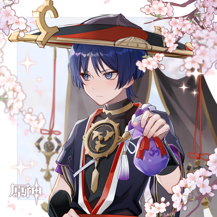 1boy bag bananakeki blue_eyes blue_hair blush cherry_blossoms clothing_request flower genshin_impact hat highres holding holding_bag japanese_clothes looking_to_the_side male_focus scaramouche_(genshin_impact) solo tsundere white_background